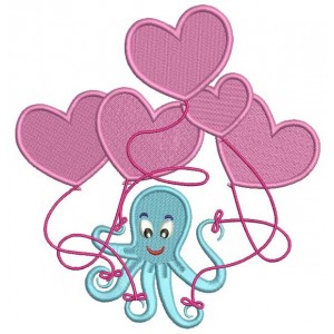 Octopus With Heart Balloons Filled Machine Embroidery Design Digitized Pattern